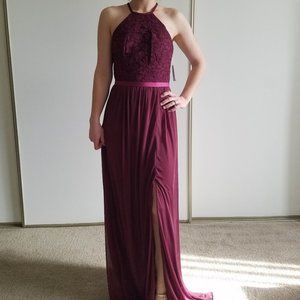 Gorgeous Halter Neck Wine Lace Chiffon Long Bridesmaid Dress